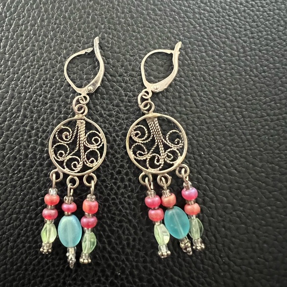 Jewelry - ❌❌❌Vintage Elegant Silver Detail Red Blue Green Beads Dangle Earrings Jewelry